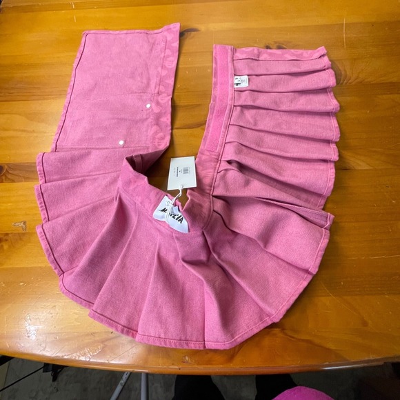 Namilia Monogram Denim Mini Thong Skirt Pink Pleated Micro Mini 22SKRT6P703 S - Picture 14 of 15